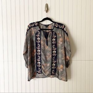 Lucky Brand Sheer Floral Embroidered Blouse